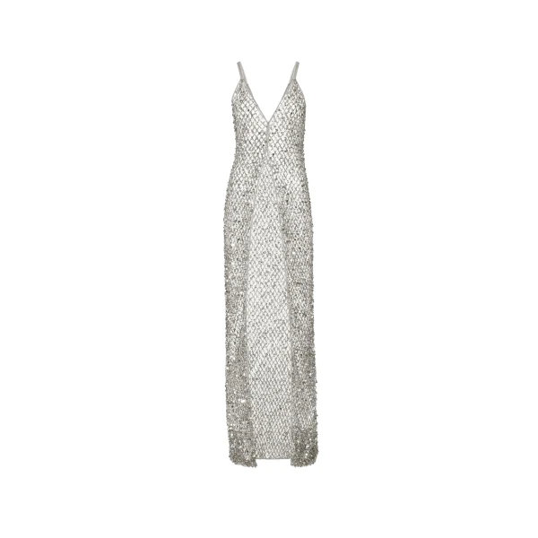 Net Mesh Sequin Long V Neck Cami Top in Silver