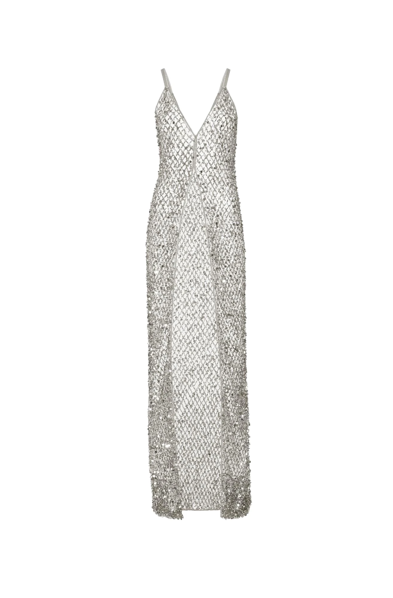 Net Mesh Sequin Long V Neck Cami Top in Silver
