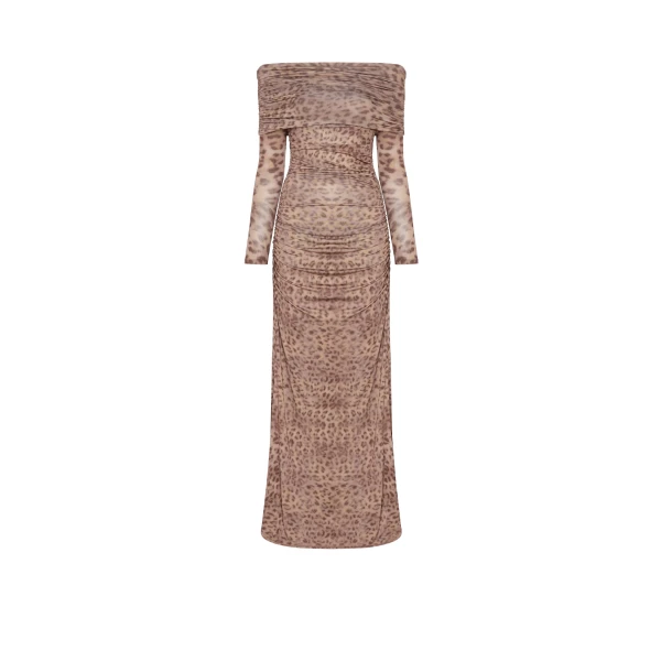 Printed Jersey Off The Shoulder Gown in Snow Leopard