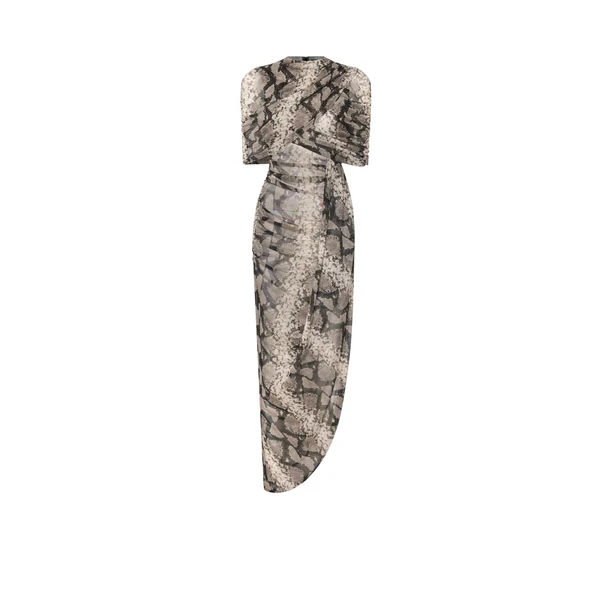 Printed Mesh Double Shawl Draped Dress in Python Print