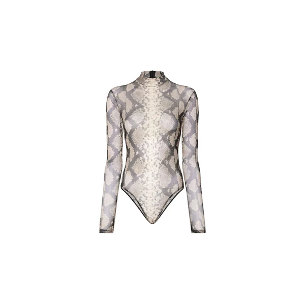 Printed Mesh Mock Neck Bodysuit in Python Print