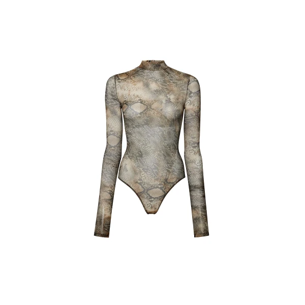 Printed Mesh Mock Neck Bodysuit in Snake Print