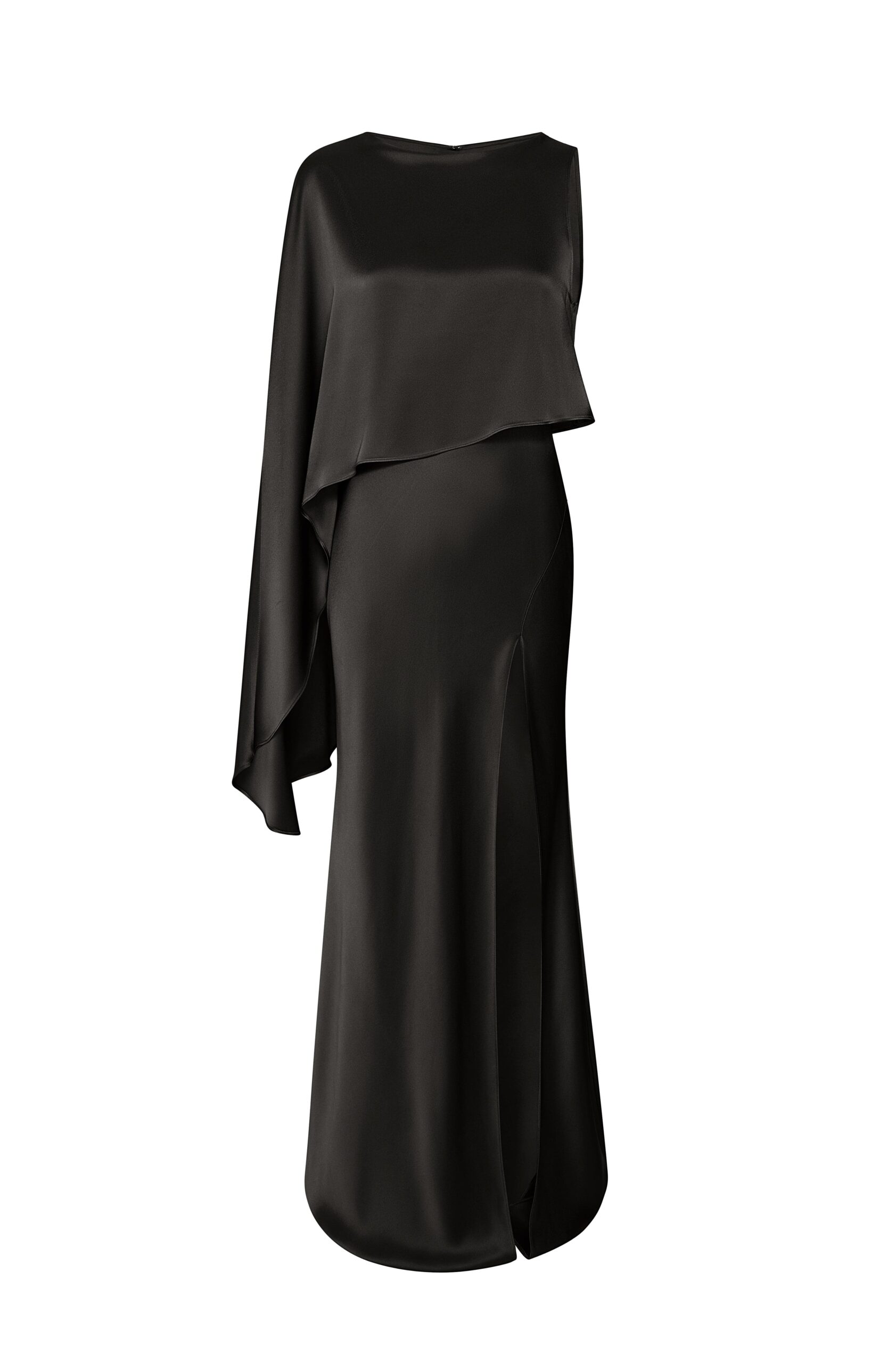 Satin Asymmetric Draped Gown in Black