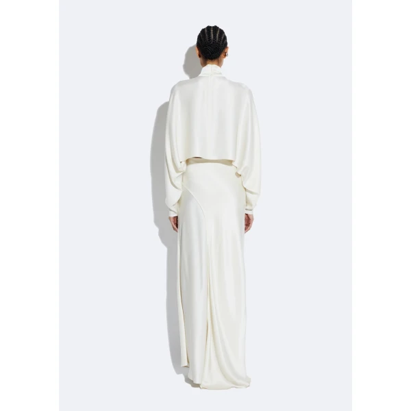 satin asymmetric skirt with feathers