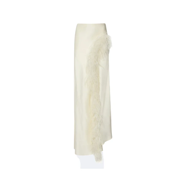 Satin Asymmetric Skirt With Feathers in Cream