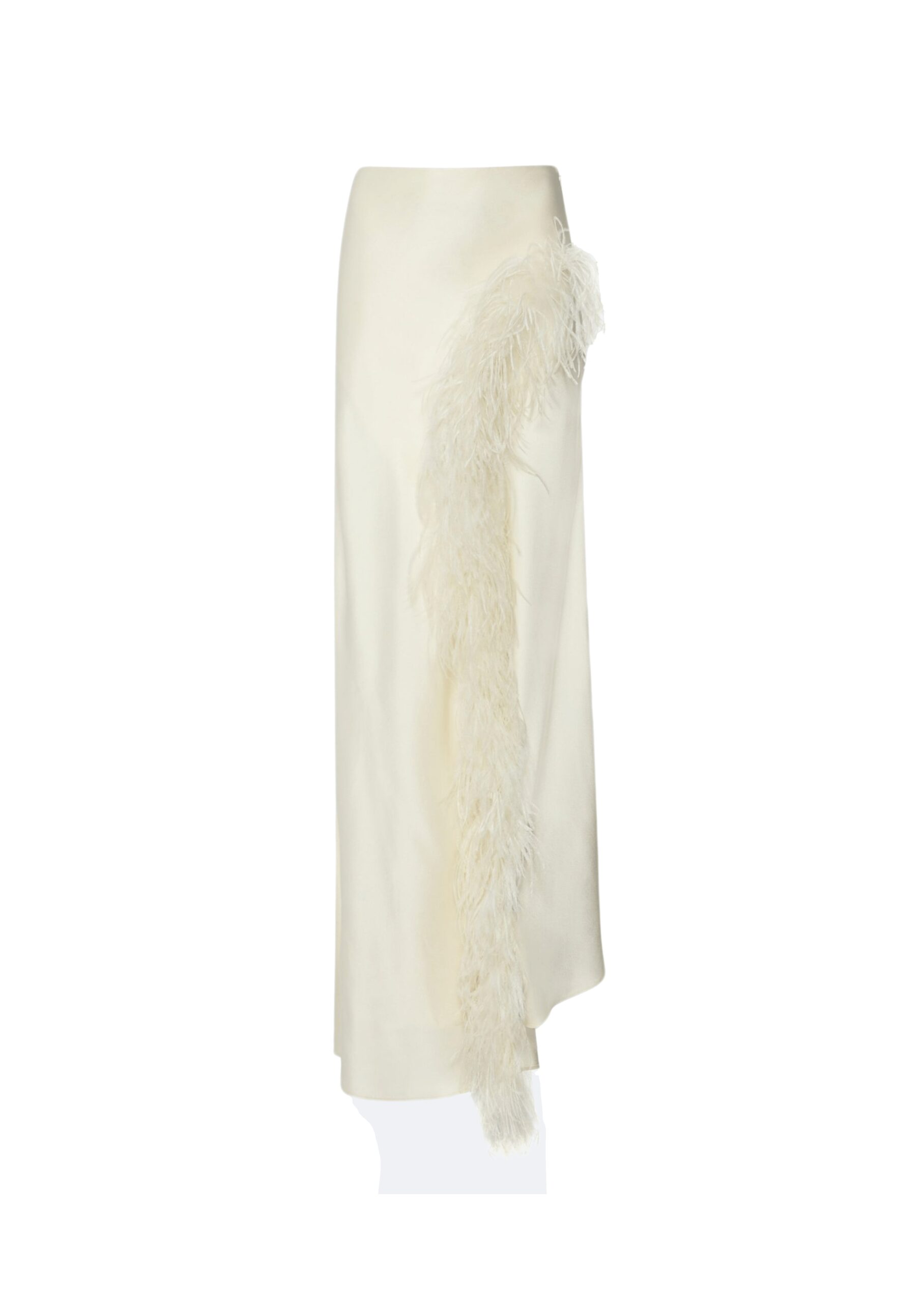 Satin Asymmetric Skirt With Feathers in Cream