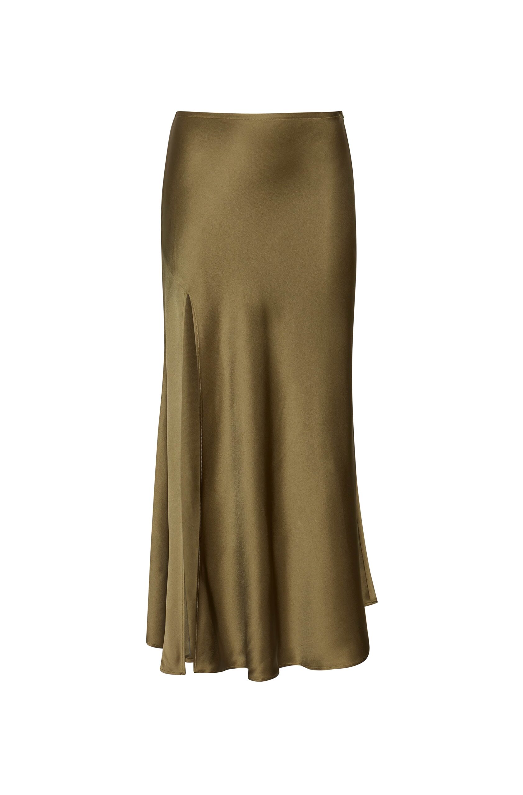 Satin Bias Midi Skirt in Dark Olive