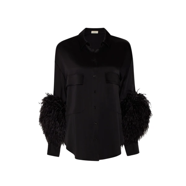 Satin Button Down With Feathers in Black