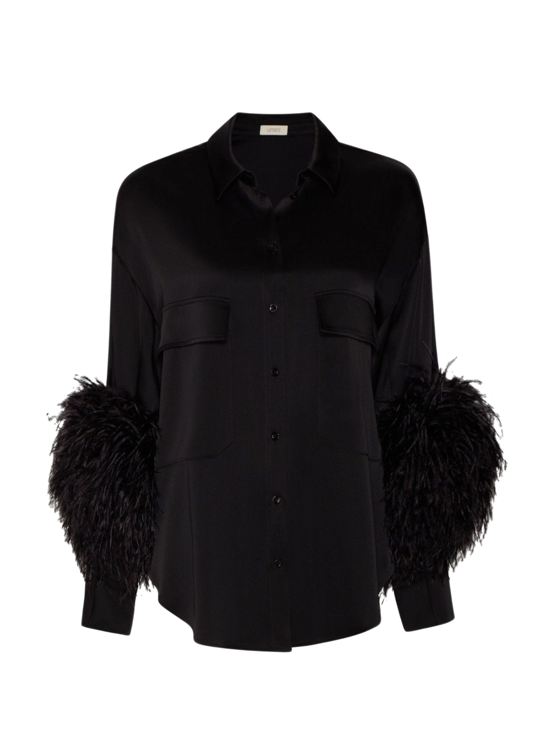 Satin Button Down With Feathers in Black