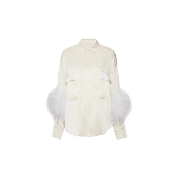 Satin Button Down With Feathers in Cream