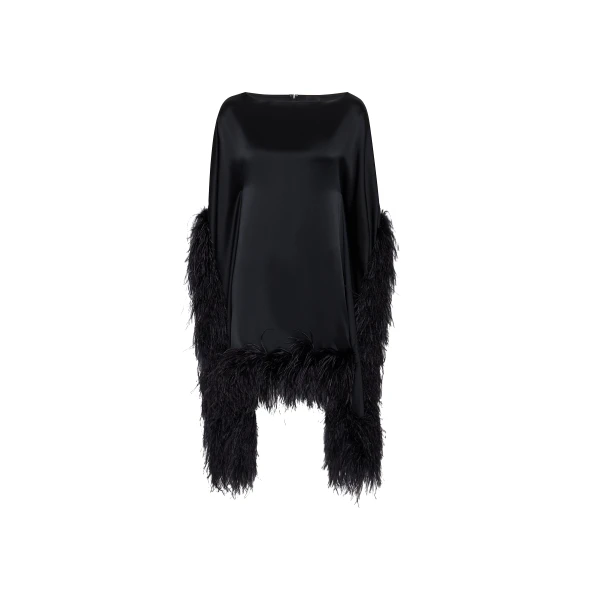Satin Cape Dress With Feathers in Black