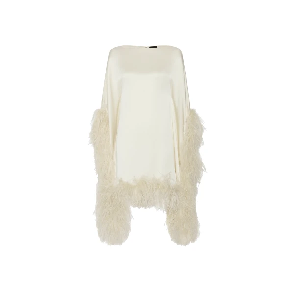 Satin Cape Dress With Feathers in Cream