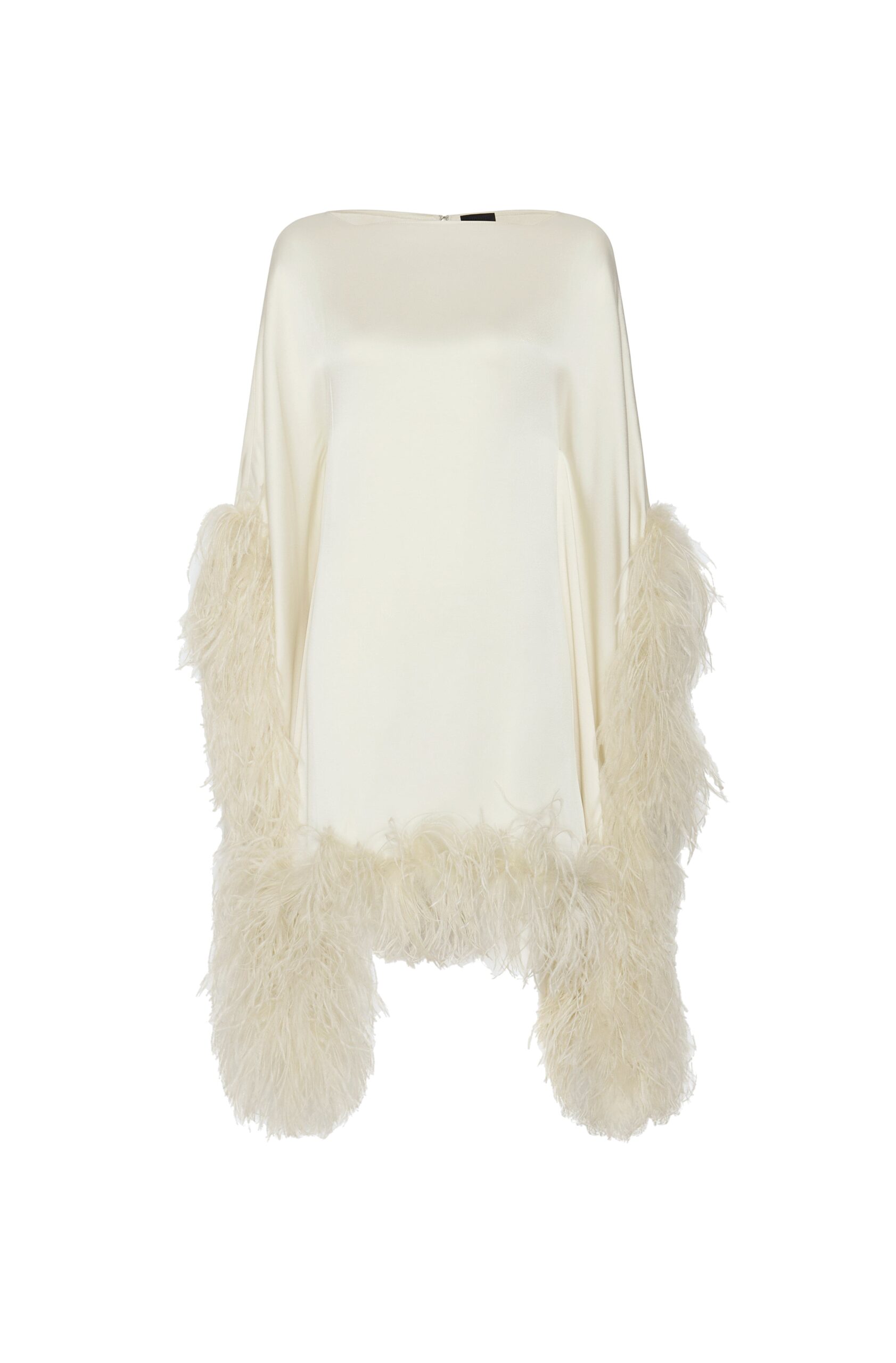 Satin Cape Dress With Feathers in Cream