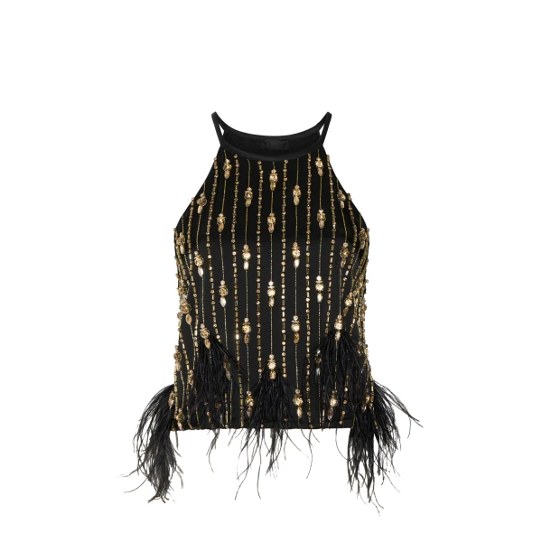 Satin Crop Halter Cami With Deco Stripe Embroidery in Black