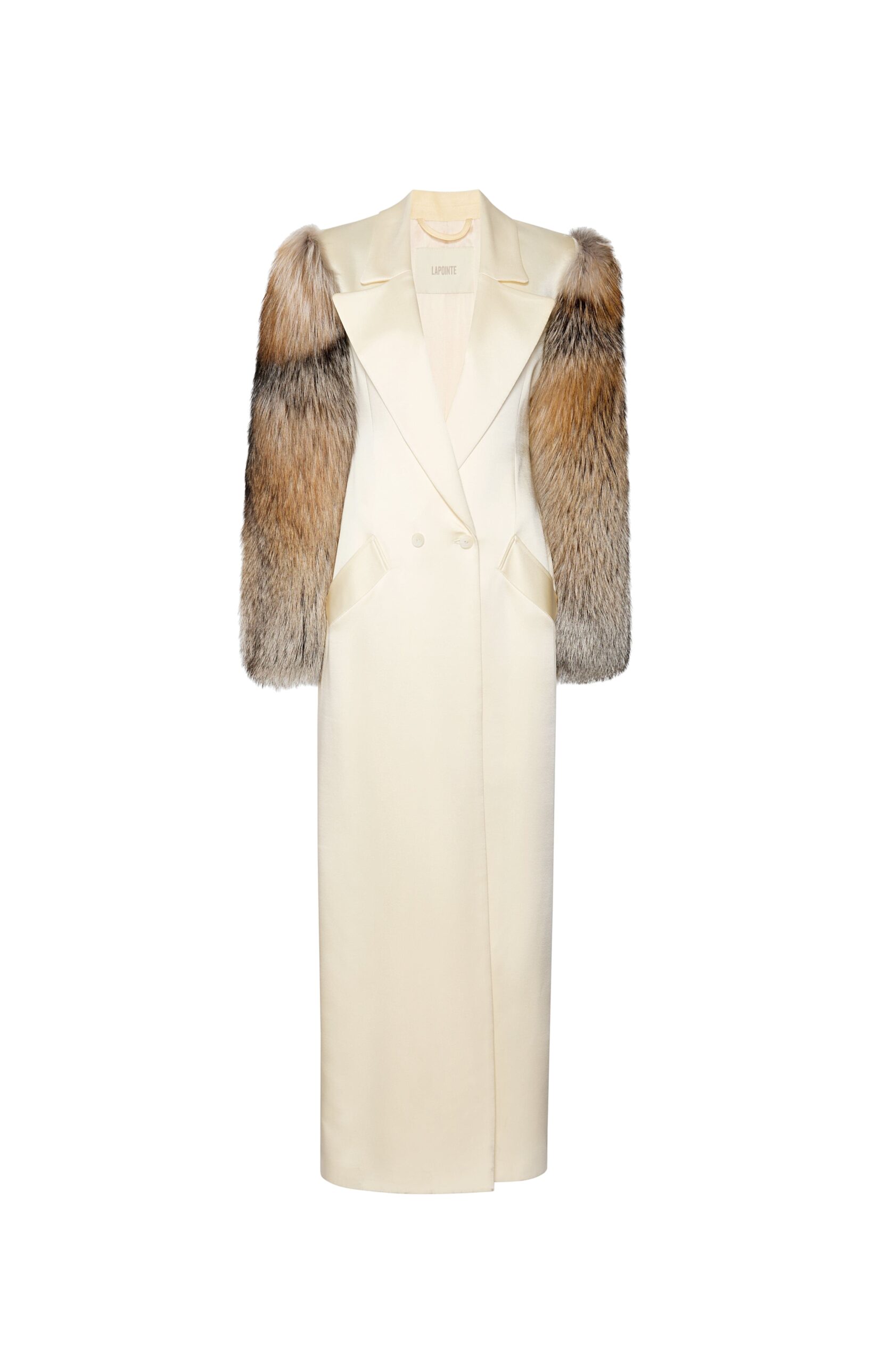 Satin Double Breasted Coat With Fur in Butter