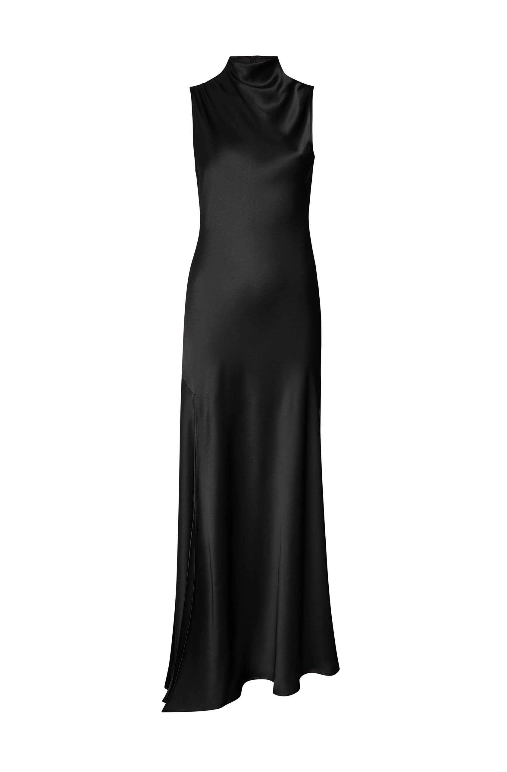 Satin Drape Neck Sleeveless Dress in Black