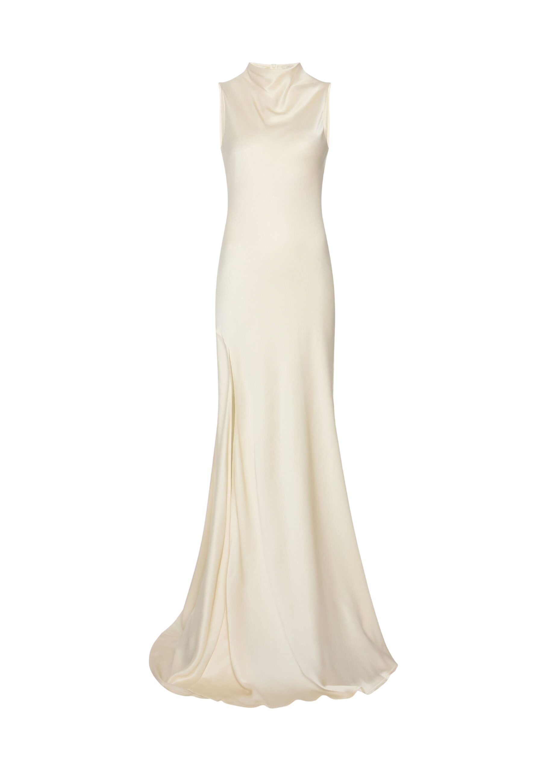 Satin Drape Neck Sleeveless Gown in Cream