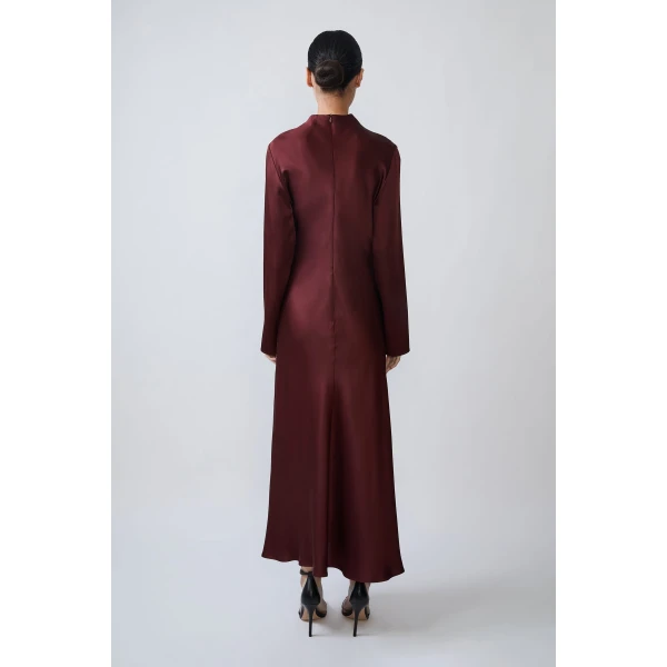 satin draped neck bias dress with slit