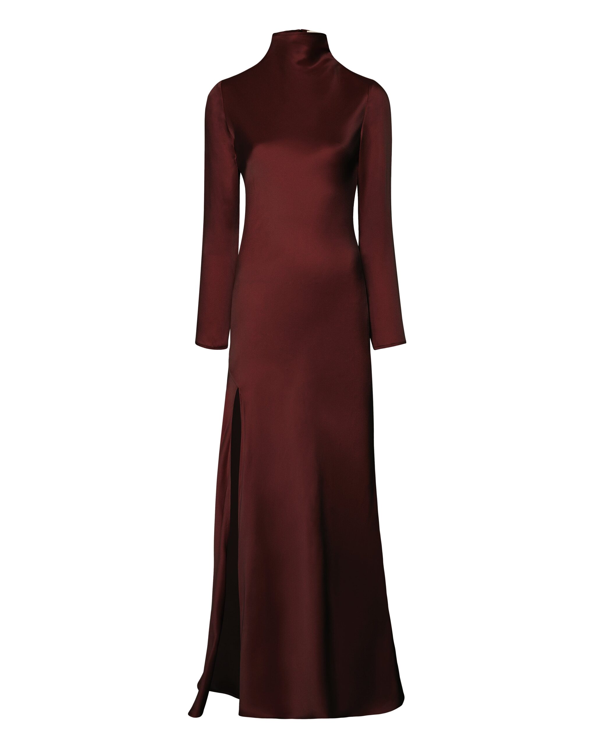 Satin Draped Neck Bias Dress With Slit in Mahogany