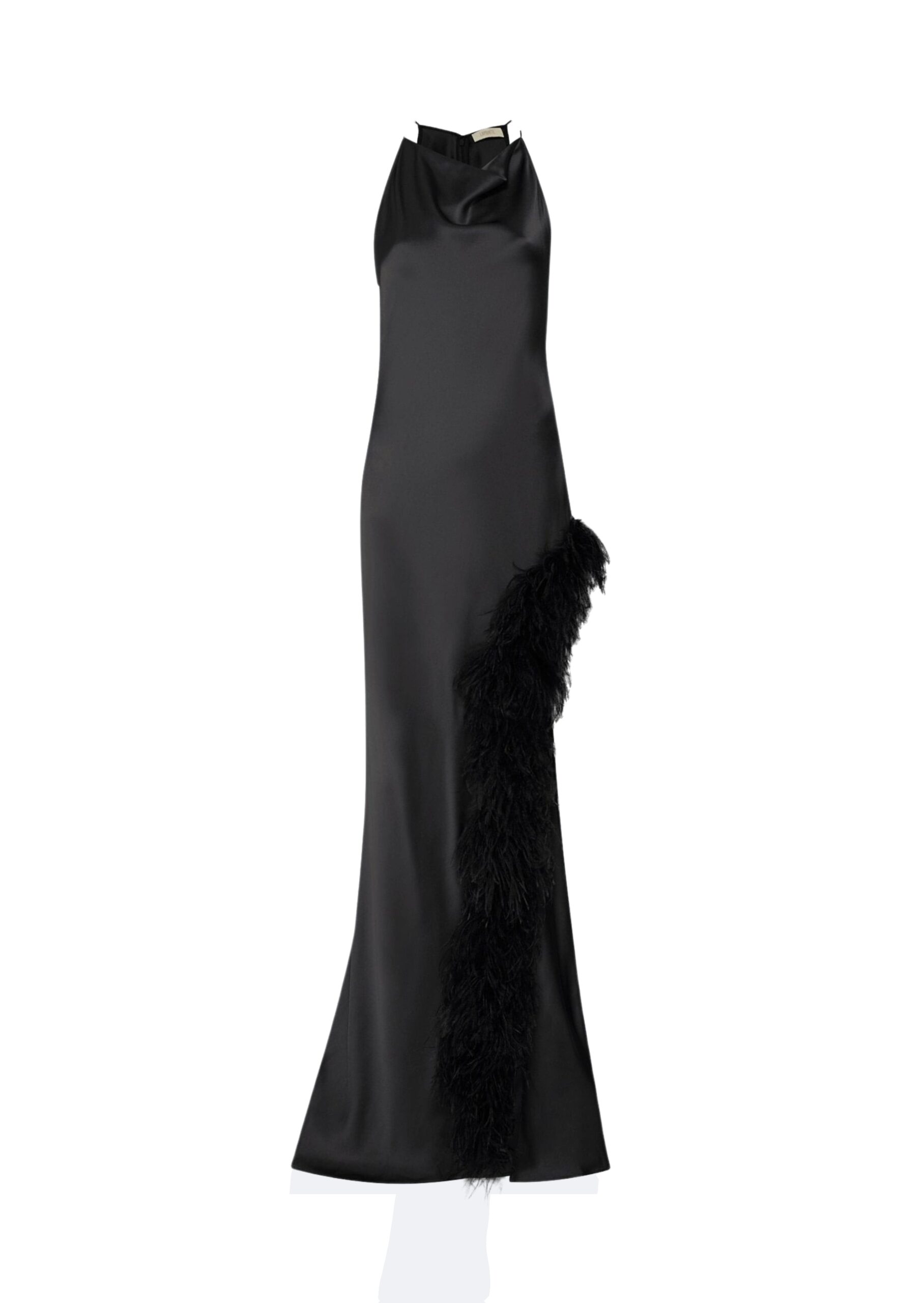 Satin Halter Gown With Feathers in Black