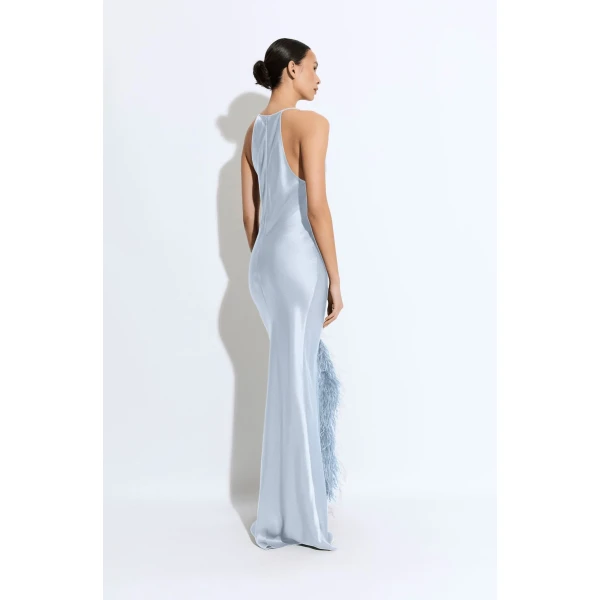 satin halter gown with feathers