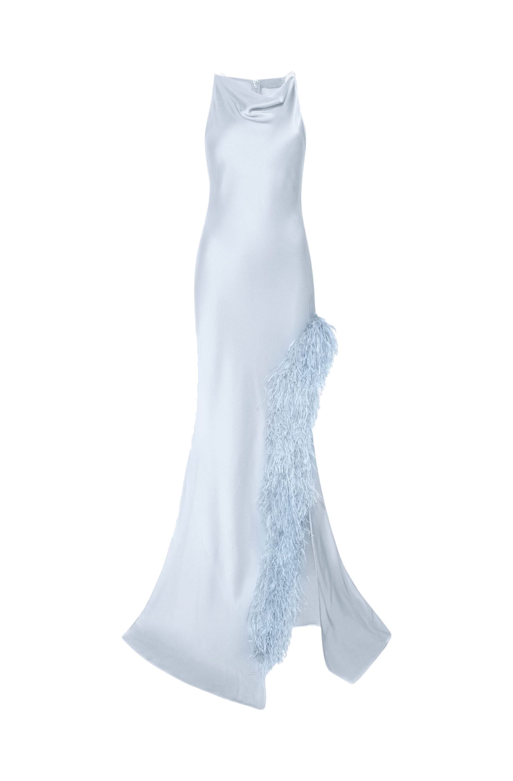 Satin Halter Gown With Feathers in Cloud