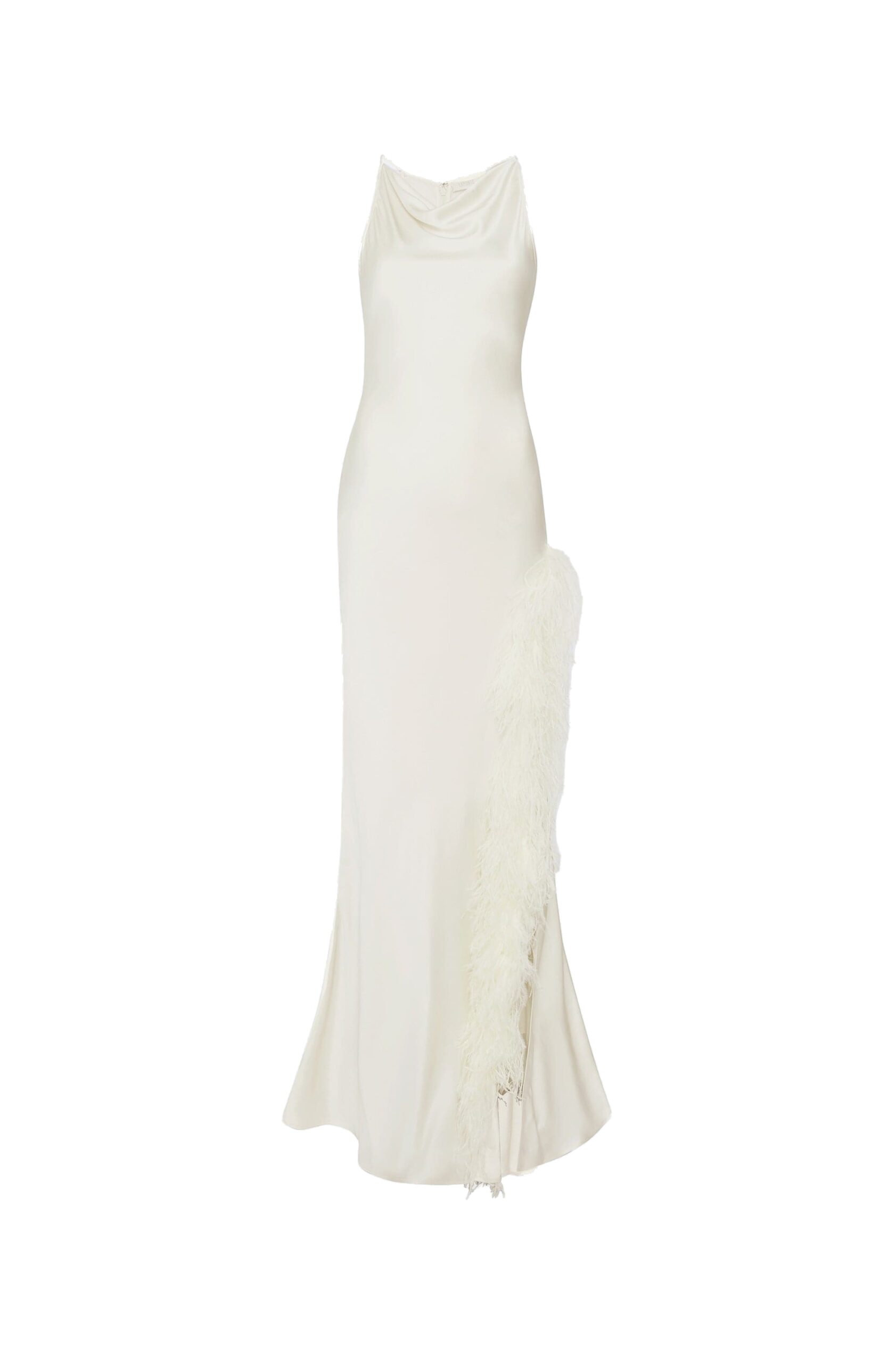 Satin Halter Gown With Feathers in Cream
