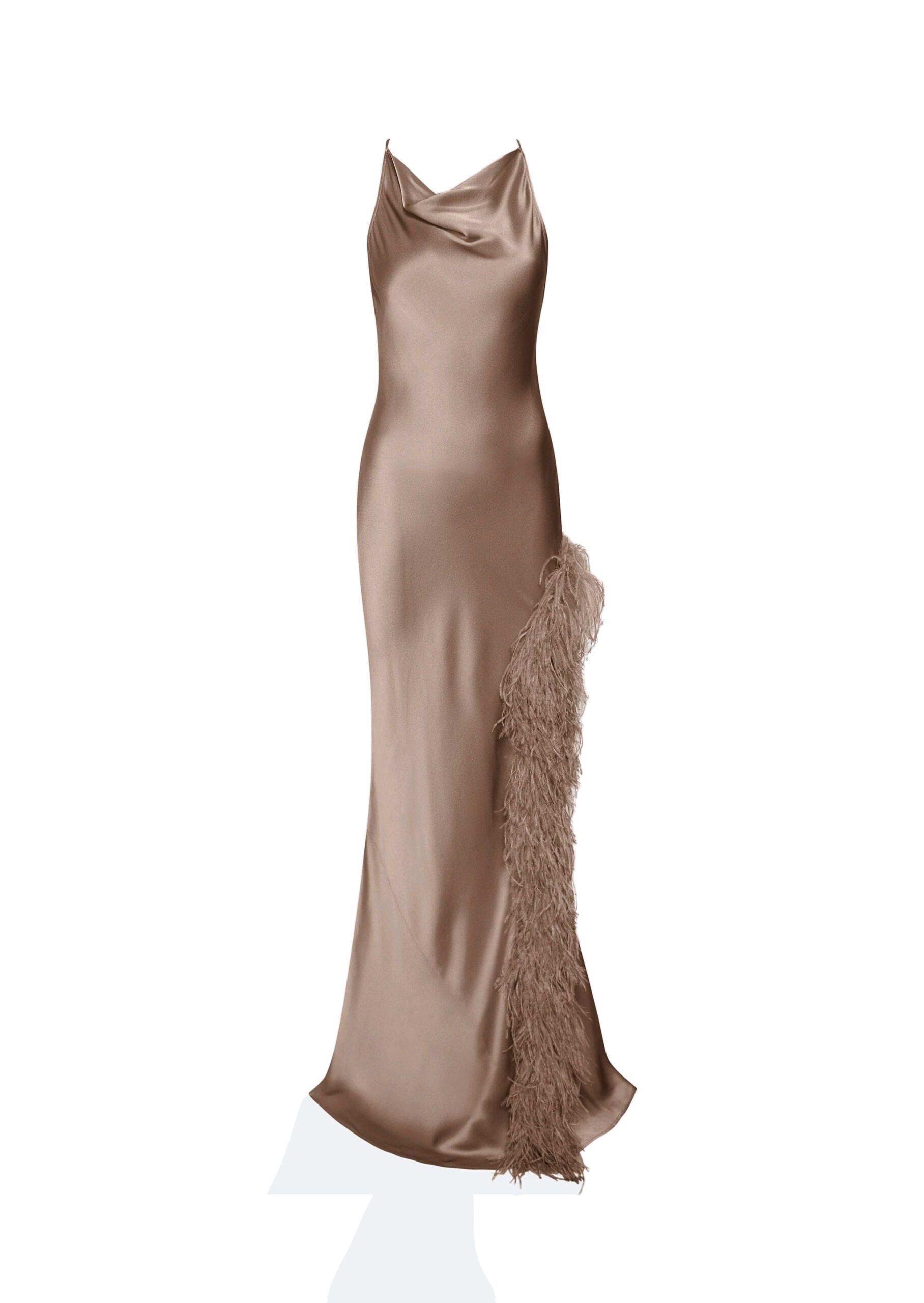 Satin Halter Gown With Feathers in Oat