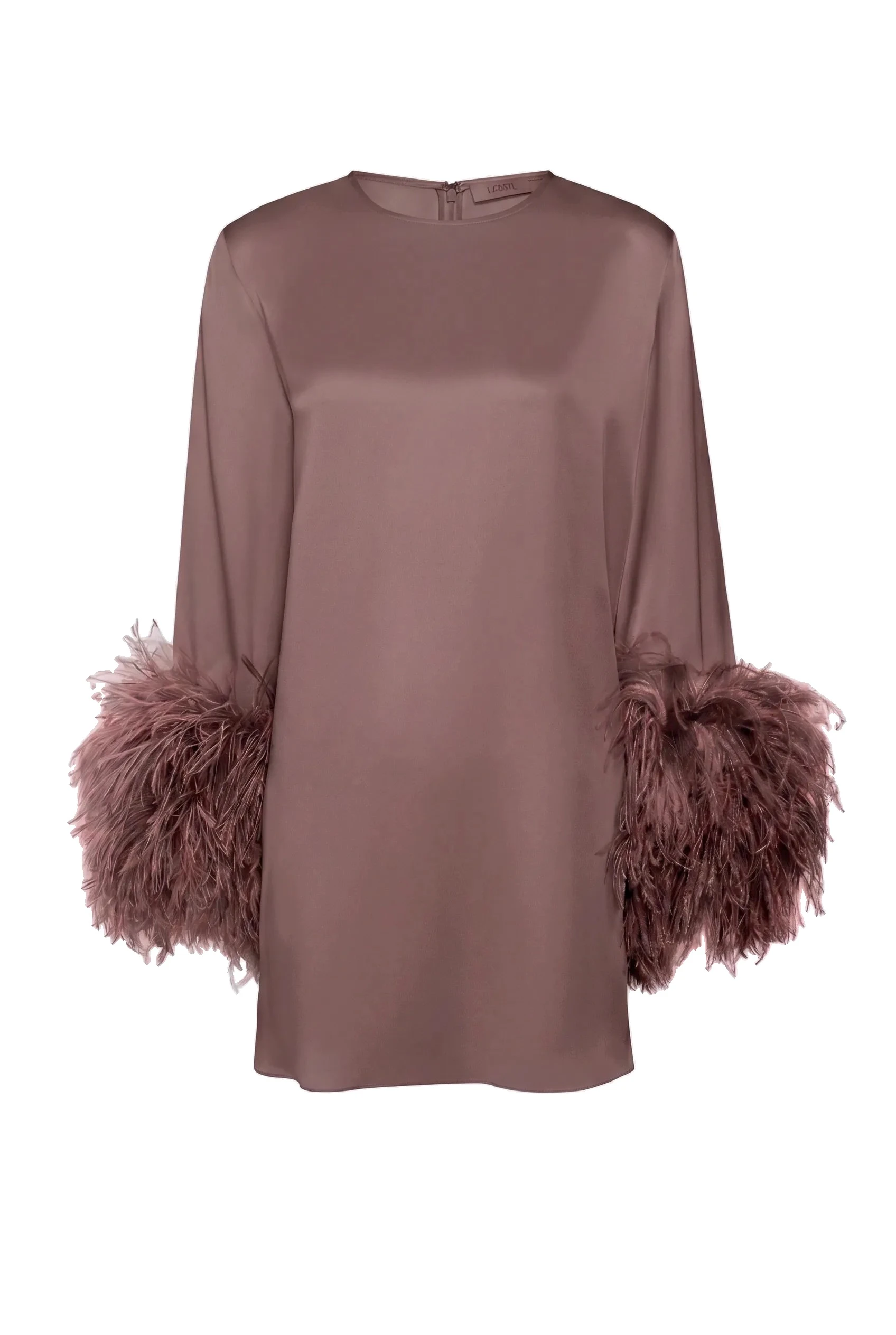Satin Shift Dress With Feathers in Cinder