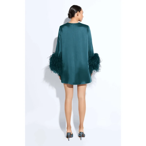 satin shift dress with feathers