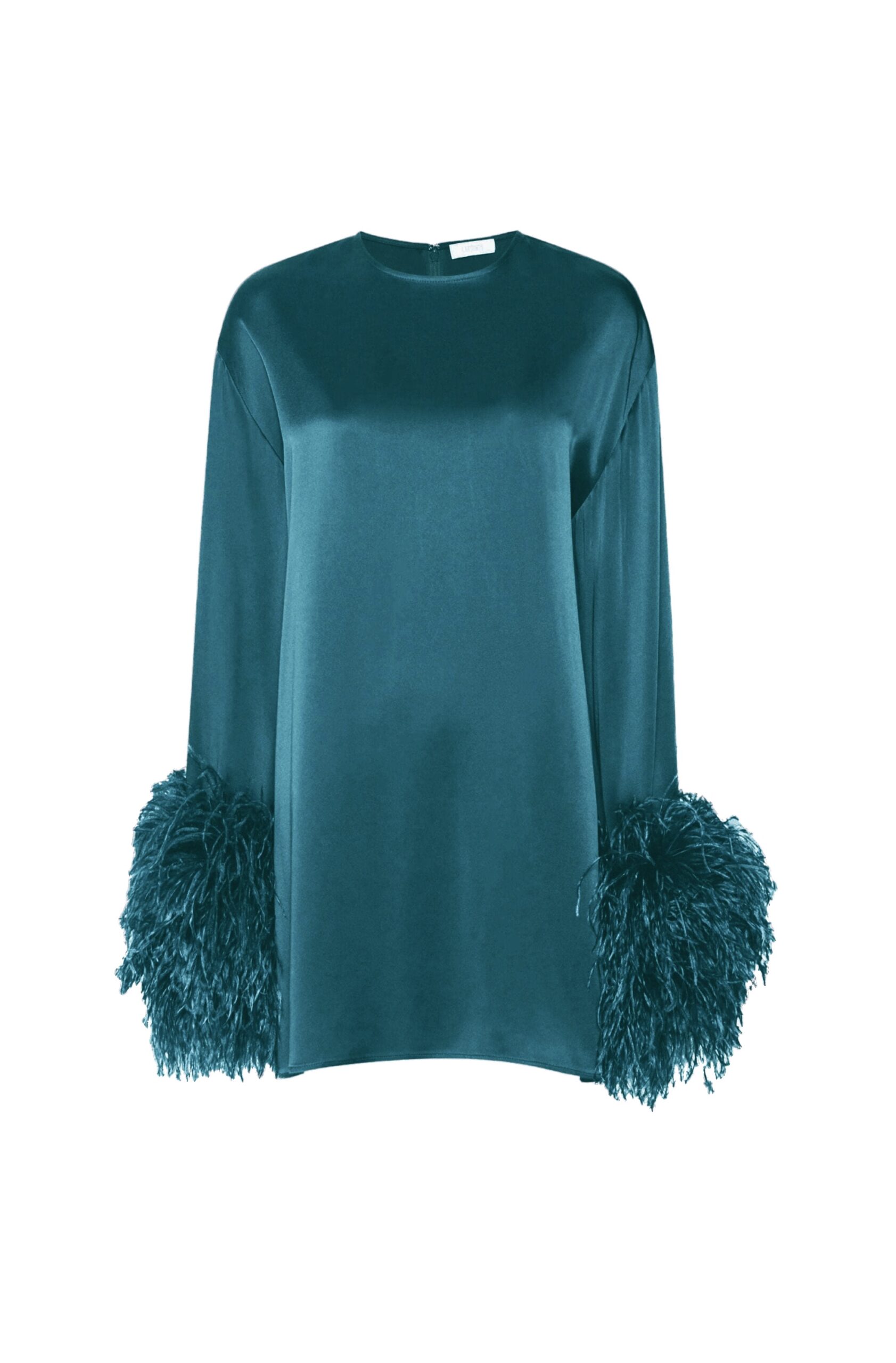 Satin Shift Dress With Feathers in Dark Teal