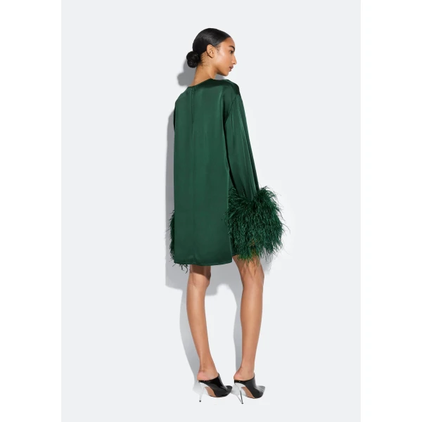 satin shift dress with feathers