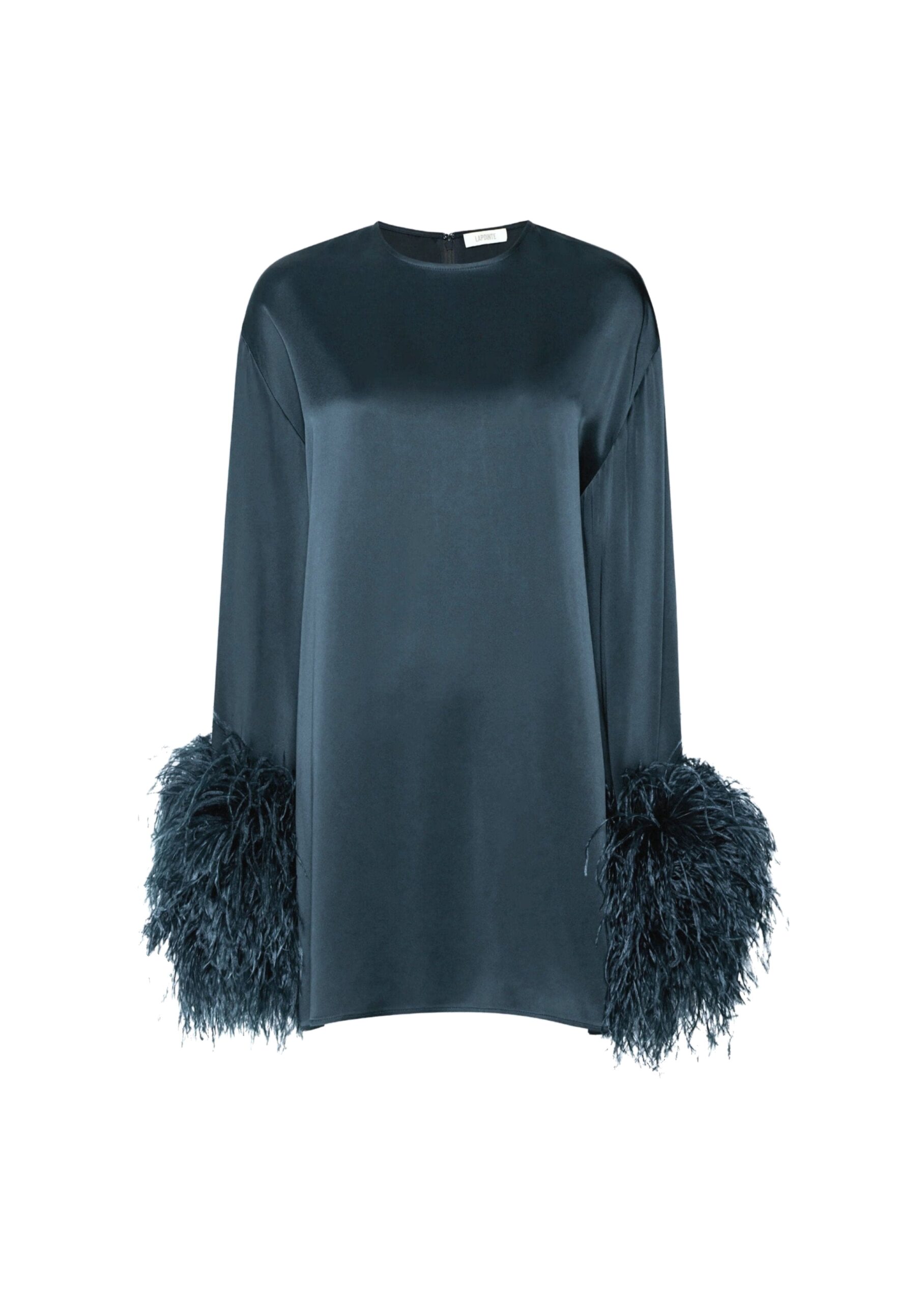 Satin Shift Dress With Feathers in Marine