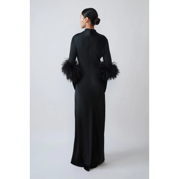 satin tab gown with feathers