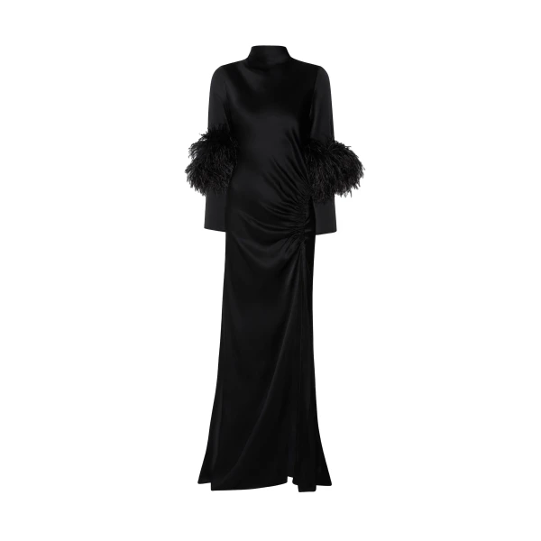 Satin Tab Gown With Feathers in Black