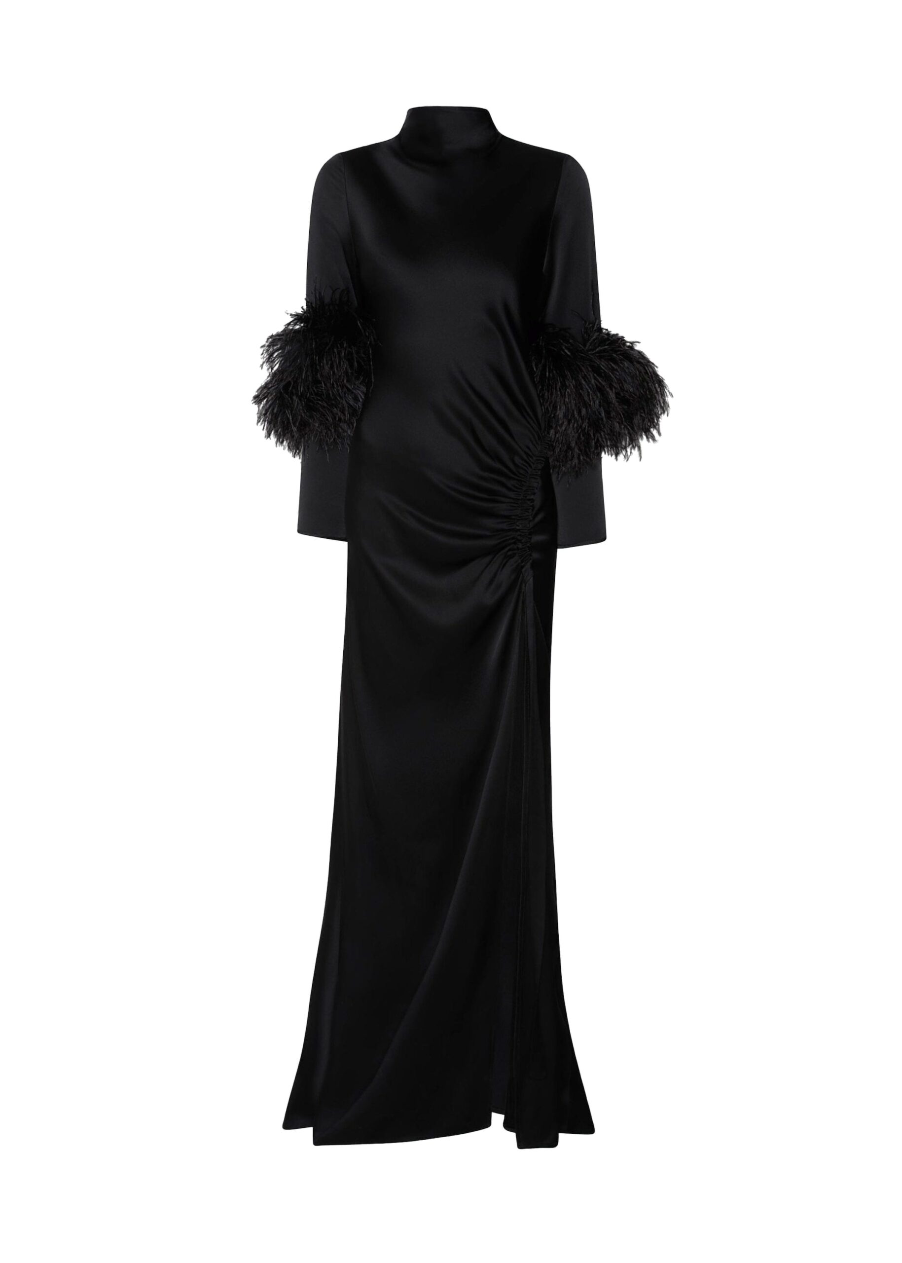 Satin Tab Gown With Feathers in Black