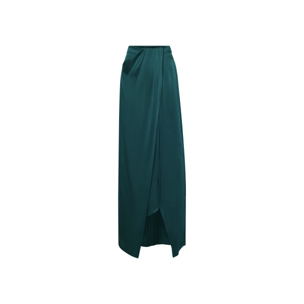 Satin Wrap Maxi Skirt in Emerald