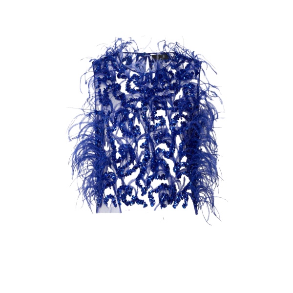 LaPointe Sequin & Feather Embroidery Cropped Tank in Indigo Top