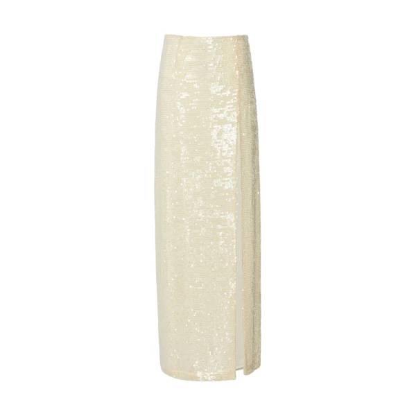 Sequin High Waist Slit Skirt in Cream