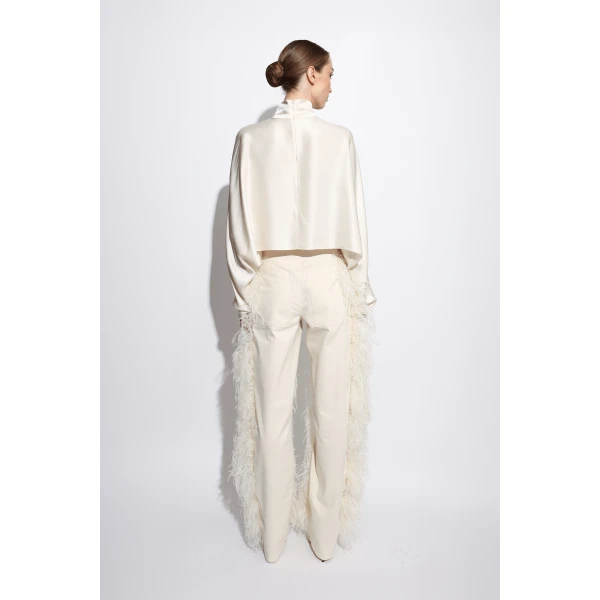 stretch cotton twill denim pant with feathers