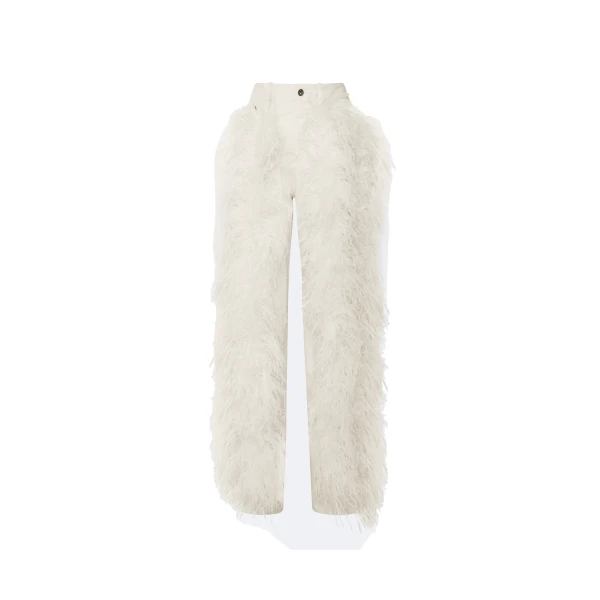 Stretch Cotton Twill Denim Pant With Feathers in Cream