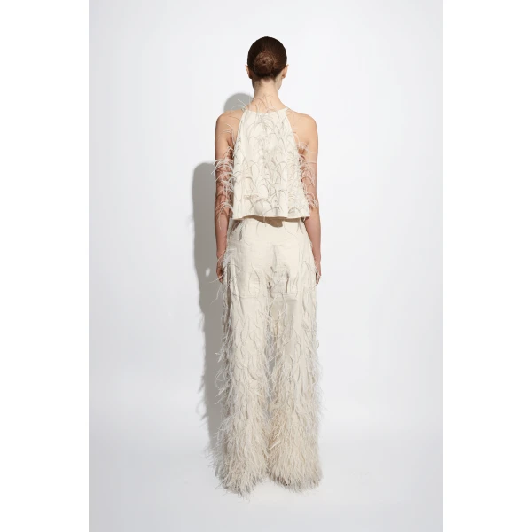 stretch cotton twill slouchy pant with feathers