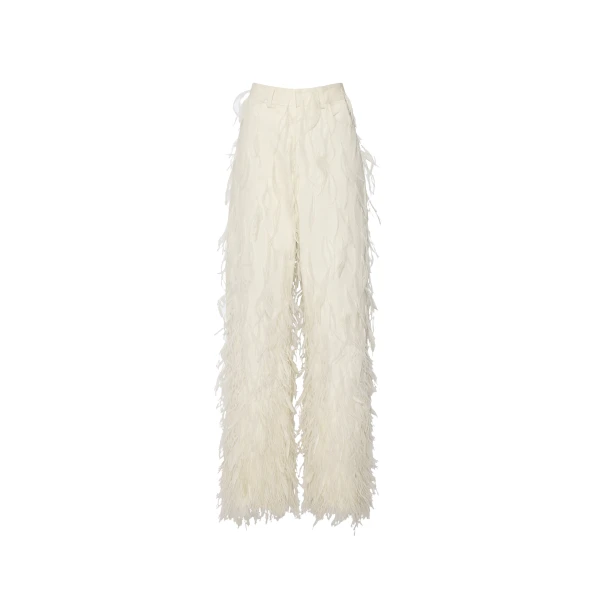 Stretch Cotton Twill Slouchy Pant With Feathers in Cream