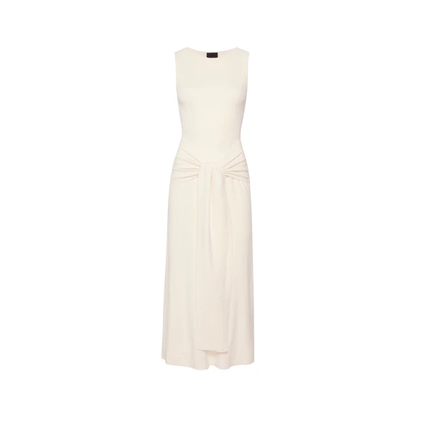 Viscose Waist Tie Dress in Cream