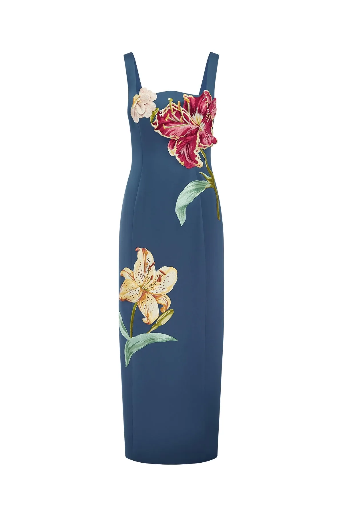 Adelina Embroidered Maxi Dress in Lily Print in Indigo
