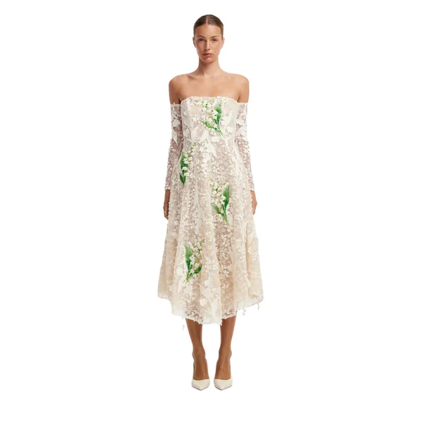 Ana Off-Shoulder Embellished Lace Bustier Midi Dress