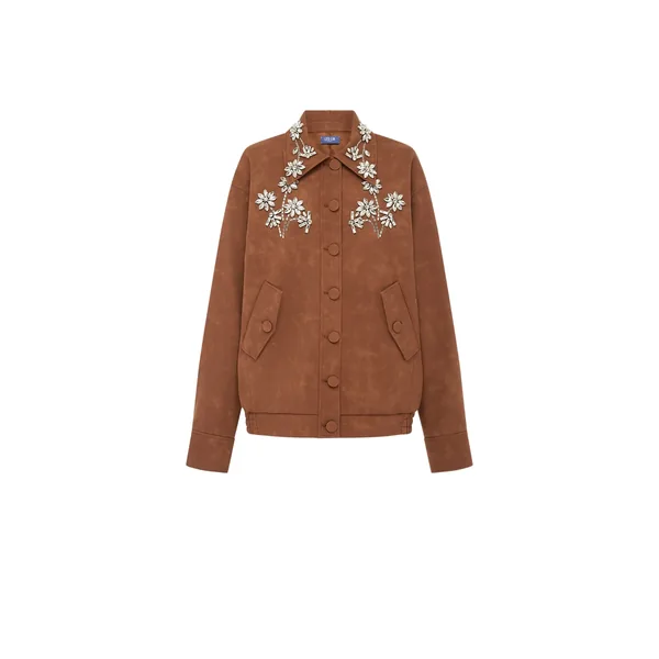 Astrid Embellished Vegan Suede Jacket in Chestnut