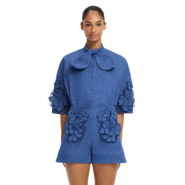 Brooklyn Appliqué Vegan Suede Bow Puff Sleeve Top