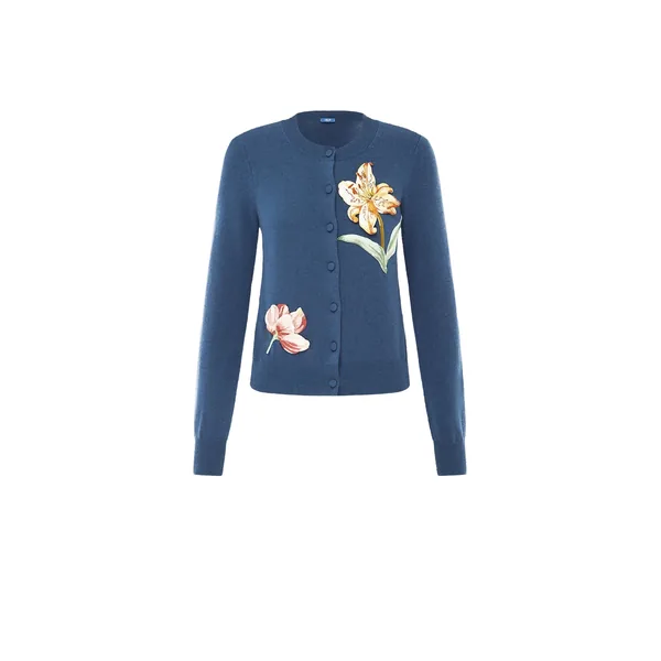 Claire Embroidered Cashmere Blend Cardigan in Lily Print in Indigo