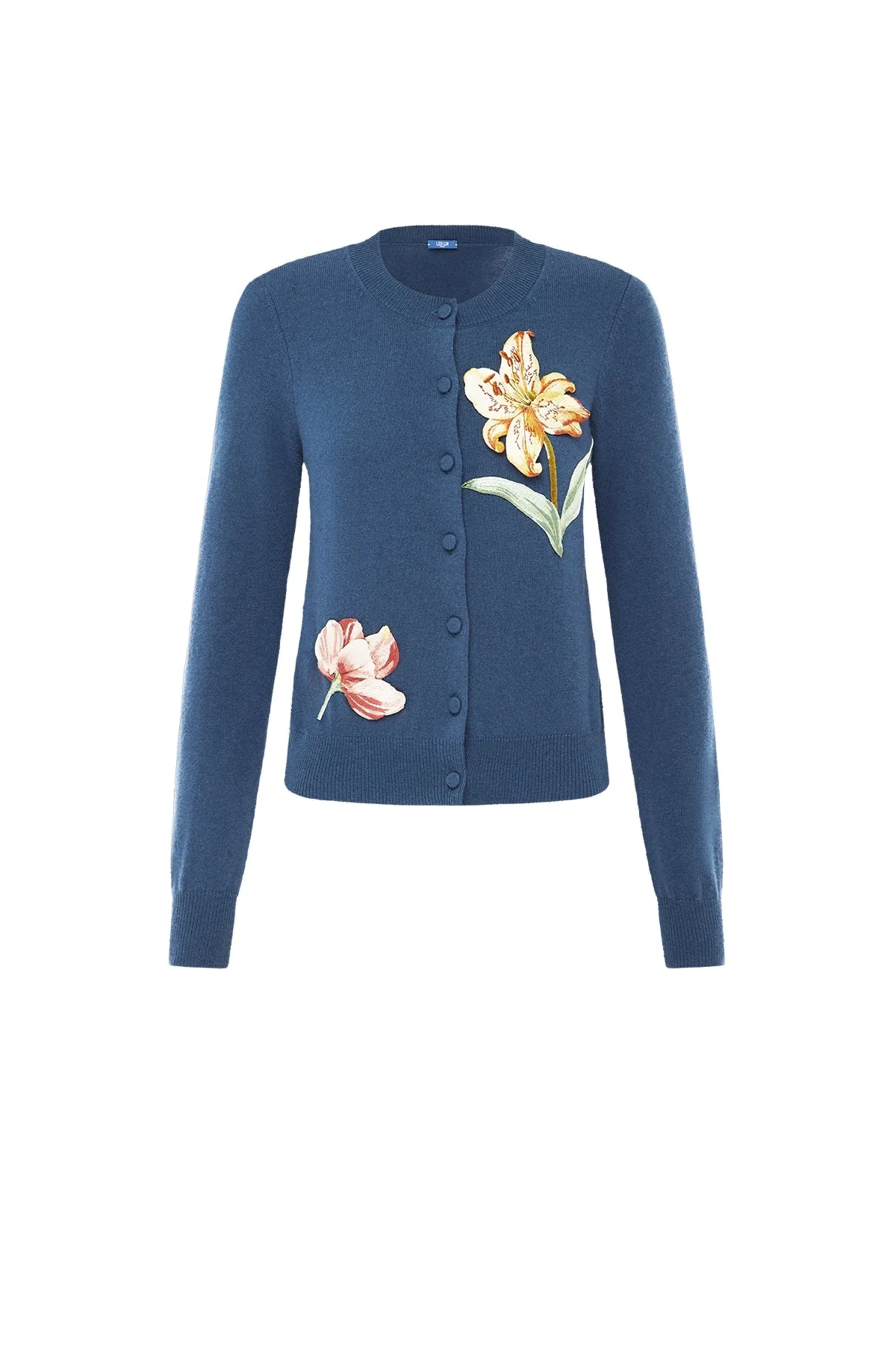 Claire Embroidered Cashmere Blend Cardigan in Lily Print in Indigo